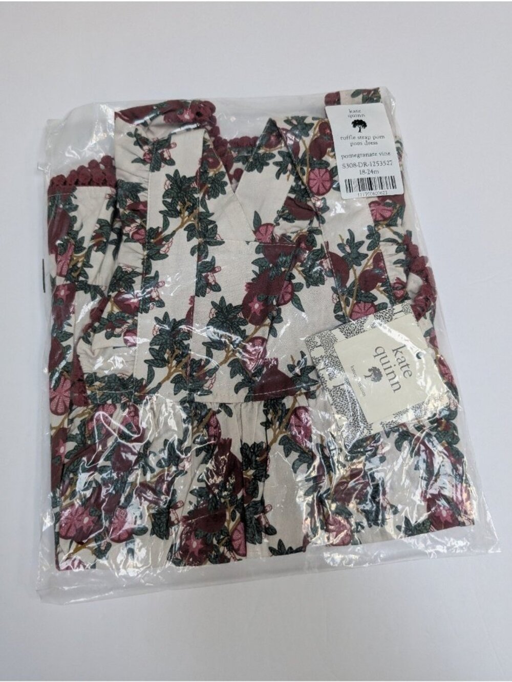 Pomegranate Vine Ruffle Strap Pom Pom Dress 18-24 Kate Quinn Organic Cotton